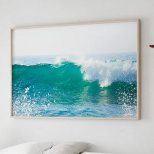 Impressão fotográfica de paisagem marinha turquesa, arte de surf com ondas quebrando