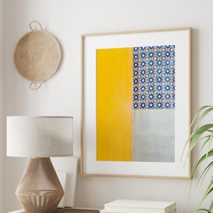 Portuguese Tile Print, Mustard Yellow and Blue Color Block Artwork, Sintra Portugal Travel Photography