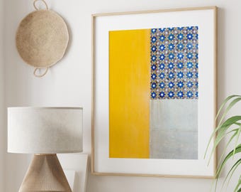 Portuguese Tile Print, Mustard Yellow and Blue Color Block Artwork, Sintra Portugal Travel Photography
