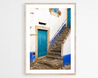 Obidos Portugal Photography Print, Blue Wall Art for Living Room Decor, 16x20 Artwork for Fireplace, 12x18 Vertical Print for Staircase