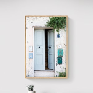 Pastel Blue Door Wall Art, Italy Photography Print, Light Blue Vertical Artwork, Naples Travel Photo, Large Entryway Wall Decor