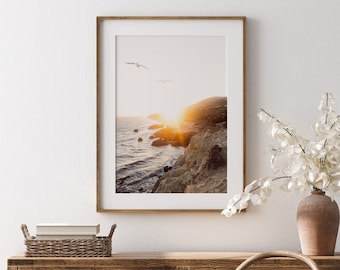 Southern California Coast Print, Sunset Seascape Framed Art, Leo Carrillo State Beach Photography, Gray and Brown Wall Decor for Bedroom