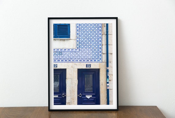 Blue Door Photography Print Lisbon Portugal Art Print Portuguese Tile Home Decor Blue Wall Art