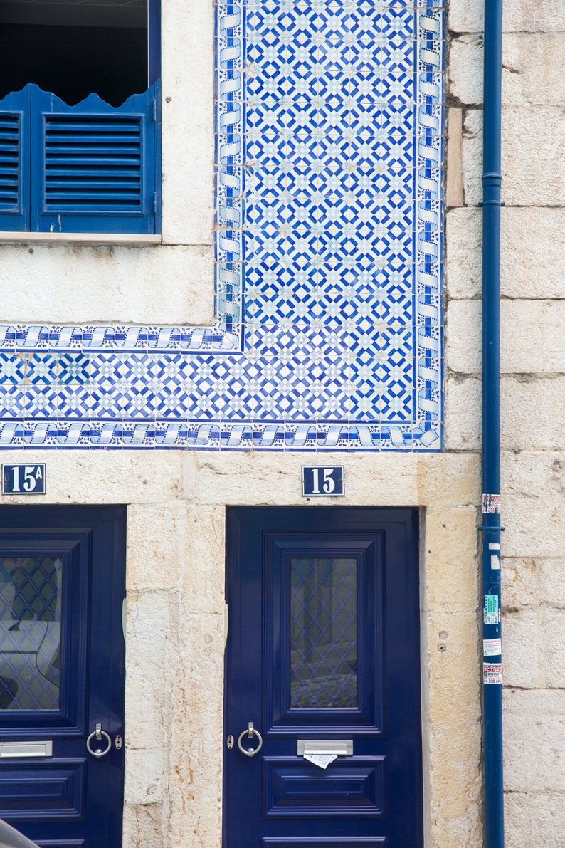 Blue Door Photography Print, Lisbon Portugal Wall Art, Portuguese Tile Home Decor, Alfama Canvas Print, Cobalt Blue Artwork, Office Decor image 2