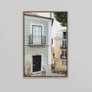 Alfama Lisbon Photography Print, Green and Yellow Portugal Wall Art by Heather Deffense Framed Canvas