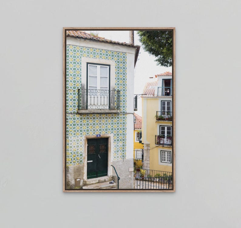 Alfama Lisbon Photography Print, Green and Yellow Portugal Wall Art by Heather Deffense Framed Canvas
