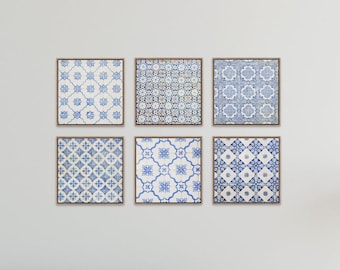 Blue Portuguese Tile Print Set of 6, Framed Azulejos Art, Lisbon Portugal Travel Photography