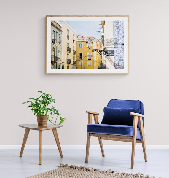 Lisbon Portugal Photography, Yellow and Blue Art Print, Contemporary Living Room Decor, Alfama Travel Wall Art