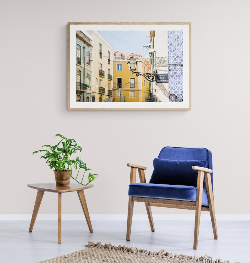 Lisbon Portugal Photography, Yellow and Blue Art Print, Contemporary Living Room Decor, Alfama Travel Wall Art image 1