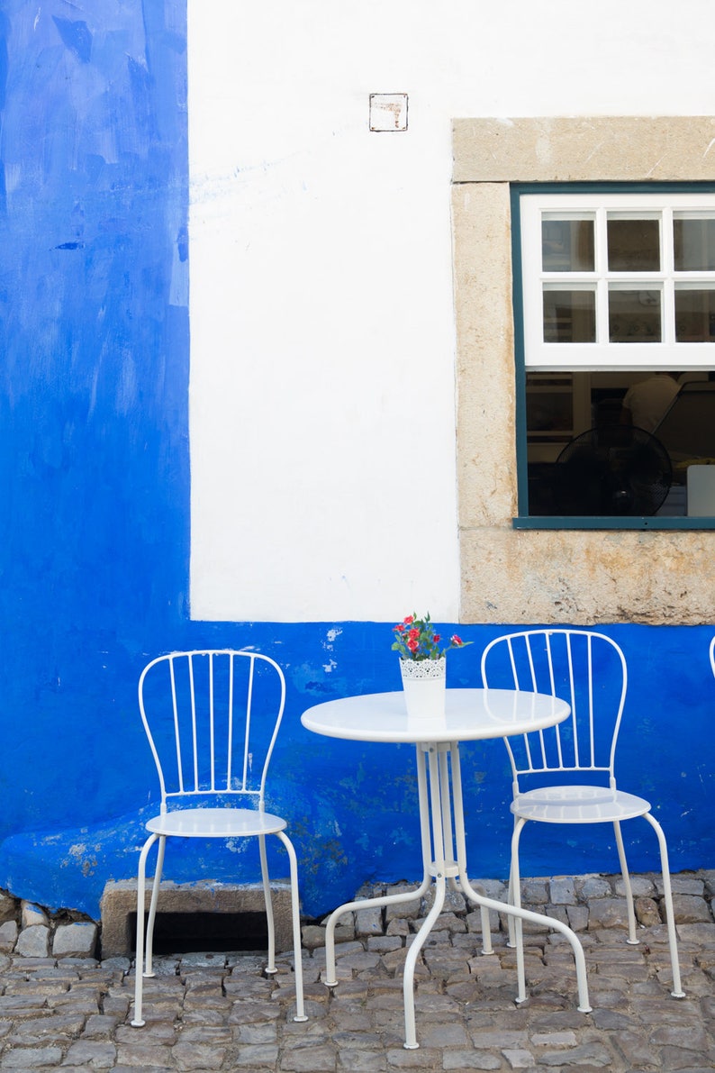 Blau Kunstdruck für Esszimmer Dekor, Óbidos Portugal Reise Fotografie für Küche, 12x18 Cafe Stuhl Kunst, Europa Fotografie Druck Bild 3