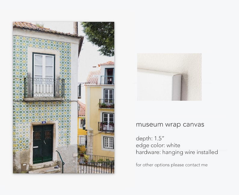 Alfama Lisbon Photography Print, Green and Yellow Portugal Wall Art by Heather Deffense Museum Wrap Canvas
