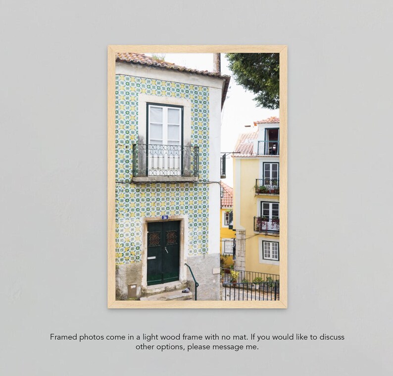 Alfama Lisbon Photography Print, Green and Yellow Portugal Wall Art by Heather Deffense Framed Photo Paper