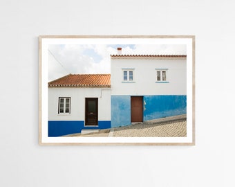 Portugal Blue Houses Print, Colorful Travel Photography, Blue and White Canvas Print, 11x14 Wall Art, Portugal Gift, Europe Travel Photo
