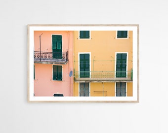 Cinque Terre Print, Manarola Canvas Art, Italian Riviera Travel Photography, Pink and Yellow Pastel Print, Italy Bedroom Decor, 11x14 Art