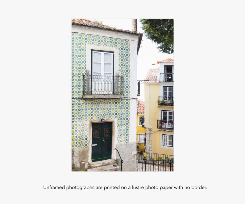Alfama Lisbon Photography Print, Green and Yellow Portugal Wall Art by Heather Deffense Unframed Photo Paper
