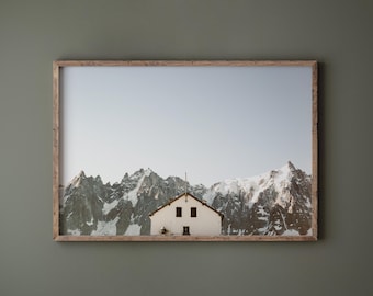 Chamonix France Snowy Mountain Print, Modern Landscape Wall Art, Mont Blanc Poster, French Alps Fine Art Photography, Alpine Hut Photo Print