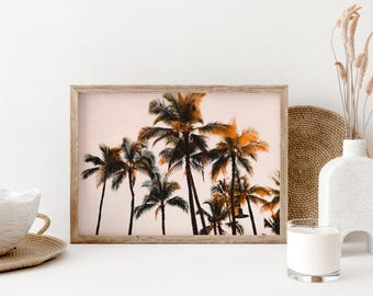 Roze palmbomen fotografieprint, Waikiki Beach Hawaii Wall Art, vrouwelijk tropisch kunstwerk