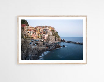 Cinque Terre Print, Italy Travel Photography, Dark Blue Bedroom Decor, Manarola Cliffside at Dusk, Oversize Wall Art, Seascape Canvas Art