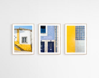 Portugal Wall Art Set of 3 Prints, Yellow and Blue Lisbon Photography, 16x20 Print Set, Portugal Tile Print, Canvas Print Set