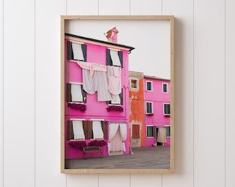 Décoration de buanderie rose, impression de photographie Burano Italie, Art coloré Wanderlust