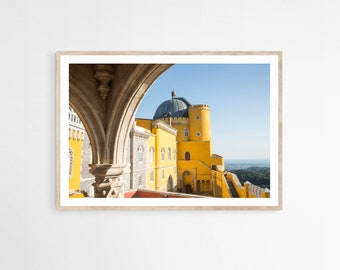 Palacio da Pena Print, Sintra Portugal Photography, European Castle Art Print, Yellow and Blue Decor, Canvas Wall Art
