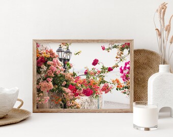Greek Bougainvillea Print, Plaka Milos Island Photography, Pink Floral Bedroom Decor, Greece Artwork