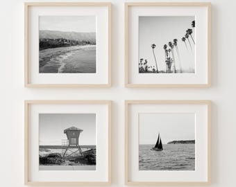Juego de 4 fotografías en blanco y negro de Santa Bárbara, láminas para pared de galería de la costa de California, decoración para casas de playa.