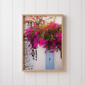 Oia Greece Travel Photography, Santorini Blue Door Print, Bougainvillea Wall Art, Greek Island Artwork