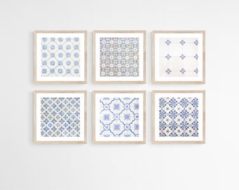 Portuguese Tile Print Set, Gallery Wall Set of 6, Blue and White Kitchen Art, Bathroom Decor, Portugal Travel Photography, New Home Gift
