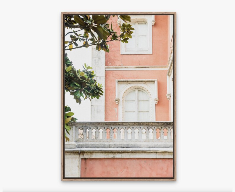 A coral- pink building with white windows and a white stone balcony. Green leaves from a tree are visible in the upper left corner of the image. it is printed on canvas and float framed in a thin, light wood frame.