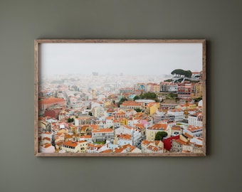 Lissabon Portugal stadslandskapstryck, färgglad reseposter, europeisk stadsfotografi, urban konst för modern heminredning