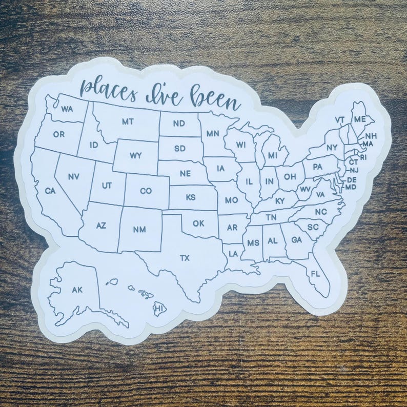 Puede incluir: Un mapa de los Estados Unidos en blanco y negro con el texto "places I've been" en la parte superior. Cada estado est&aacute; etiquetado con su abreviatura de dos letras.