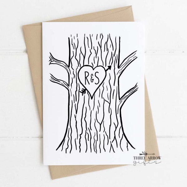 Personalized Couples Anniversary Card - Husband, Wife, Boyfriend, Girlfriend - Tree Carved Heart Initials