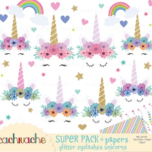 まつげ付きユニコーンのクリップアート – 30枚のゴールドグリッターユニコーンの角と花、虹色のユニコーンのグラフィック – かわいい誕生日の印刷可能なデザイン