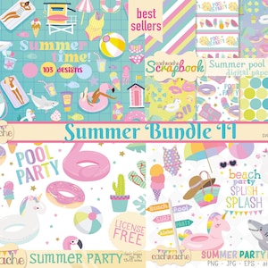 May include: Summer pool party digital paper pack with 184 items including SVG, clipart, and digital papers. The pack features a variety of summer-themed illustrations, including flamingos, unicorns, doughnuts, ice cream, and pool floats. The text "Summer Bundle 11" is displayed in a pink banner.