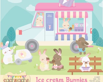 Bunny Clipart, Ice Cream clipart, Ice Cream Truck clipart, rabbit clipart, easter clipart, cute bunny family clipart - JPG & PNG in HQ