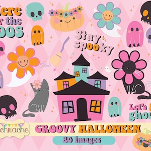 Groovy halloween clipart, retro halloween clipart, retro clipart, słodkie halloween clipart, różowe halloween party clipart, straszne clipart PNG