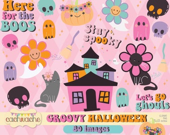 Groovy halloween clipart, retro halloween clipart, retro clipart, cute halloween clipart, pink halloween party clipart, spooky clipart PNG