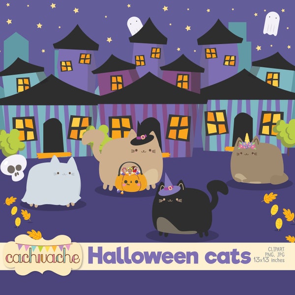 halloween cats clipart, halloween images with cute costume cats and halloween accesories - png and jpg HQ, 12x12 in, background included