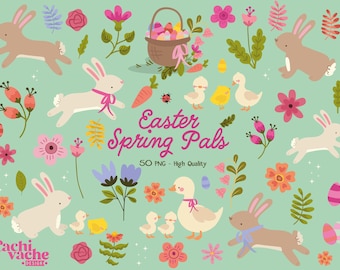 Easter Spring Clipart PNG, Cute Bunny Duck Chick Clipart, Spring Flowers Clipart, Classroom Worksheets, Stickers, Commercial Use PNG