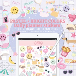 Aesthetic digital planner stickers for Goodnotes | Pastel and bright colors pre cropped stickers | Cute daily stickers pack for ipad planner