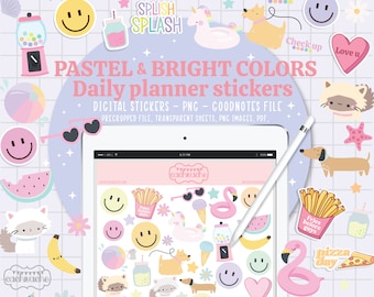 Autocollants esthétiques pour agenda numérique pour Goodnotes | Autocollants pré recadrés aux couleurs pastel et vives | Joli pack d&#39;autocollants quotidiens pour agenda ipad