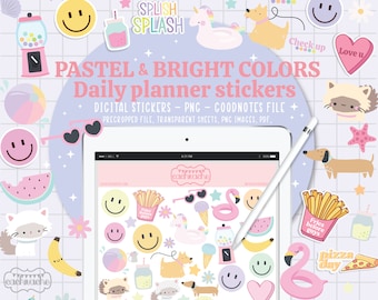 Aesthetic digital planner stickers for Goodnotes | Pastel and bright colors pre cropped stickers | Cute daily stickers pack for ipad planner