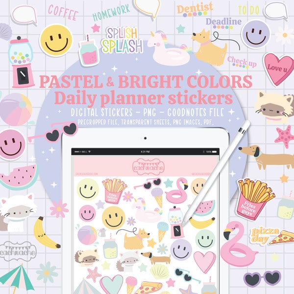 Aesthetic digital planner stickers for Goodnotes | Pastel and bright colors pre cropped stickers | Cute daily stickers pack for ipad planner