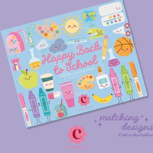 New Back to school clipart with smile faces, kawaii style