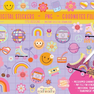 Retro Digital Planner Stickers for GoodNotes | 90s elements Pre cropped planner Stickers | 90s glitter stickers for daily planners