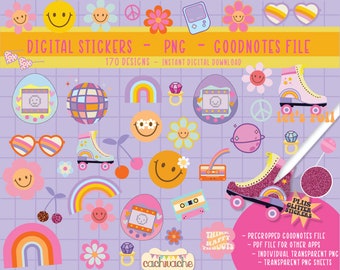 Retro Digital Planner Stickers for GoodNotes | 90s elements Pre cropped planner Stickers | 90s glitter stickers for daily planners