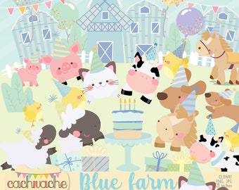 Farm clipart, farm animals clipart, barn clipart, cute blue nursery farm clipart, baby farm design in PNG or JPG in HQ