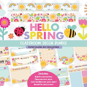 Puede incluir: Un paquete de decoración para el aula con temática de primavera. El diseño incluye arcoíris, soles sonrientes, flores, abejas y mariquitas. El texto incluye "Hello Spring" y "Classroom Decor Bundle". El paquete incluye letras, decoración de puertas y clip art.