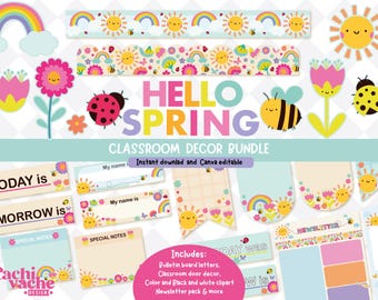 Spring Classroom Decor Bundle Editable, Bulletin Board Kit, Door Decor Letters Hello Spring, Teacher Printable Set, Canva Template